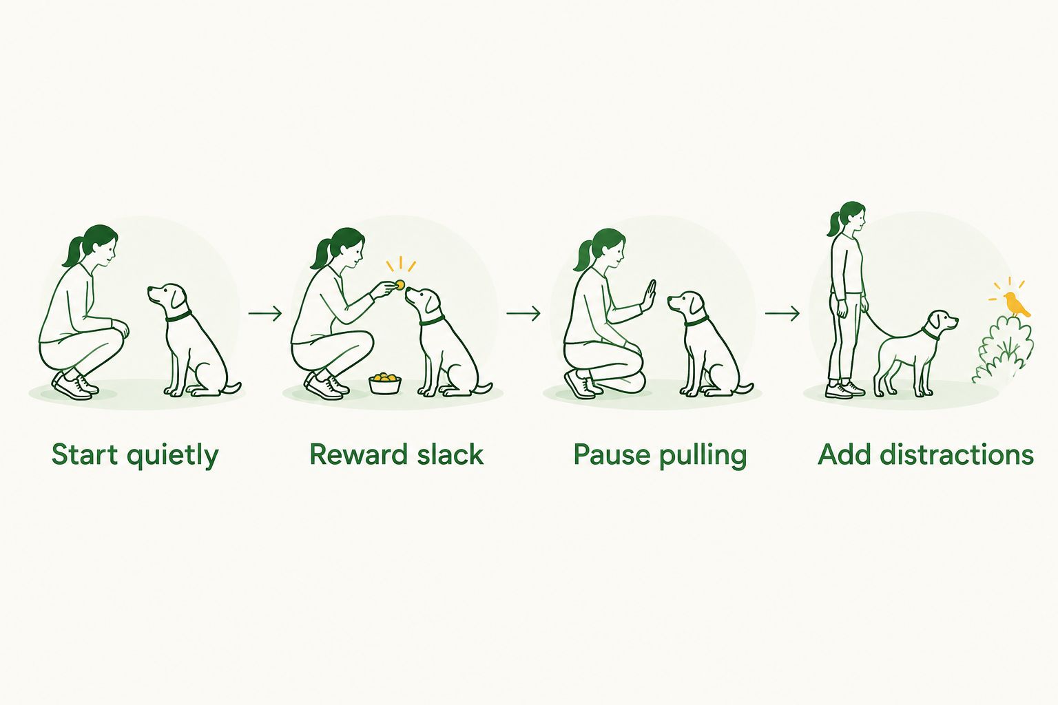 Four stages of loose-leash practice, from starting quietly to adding distractions