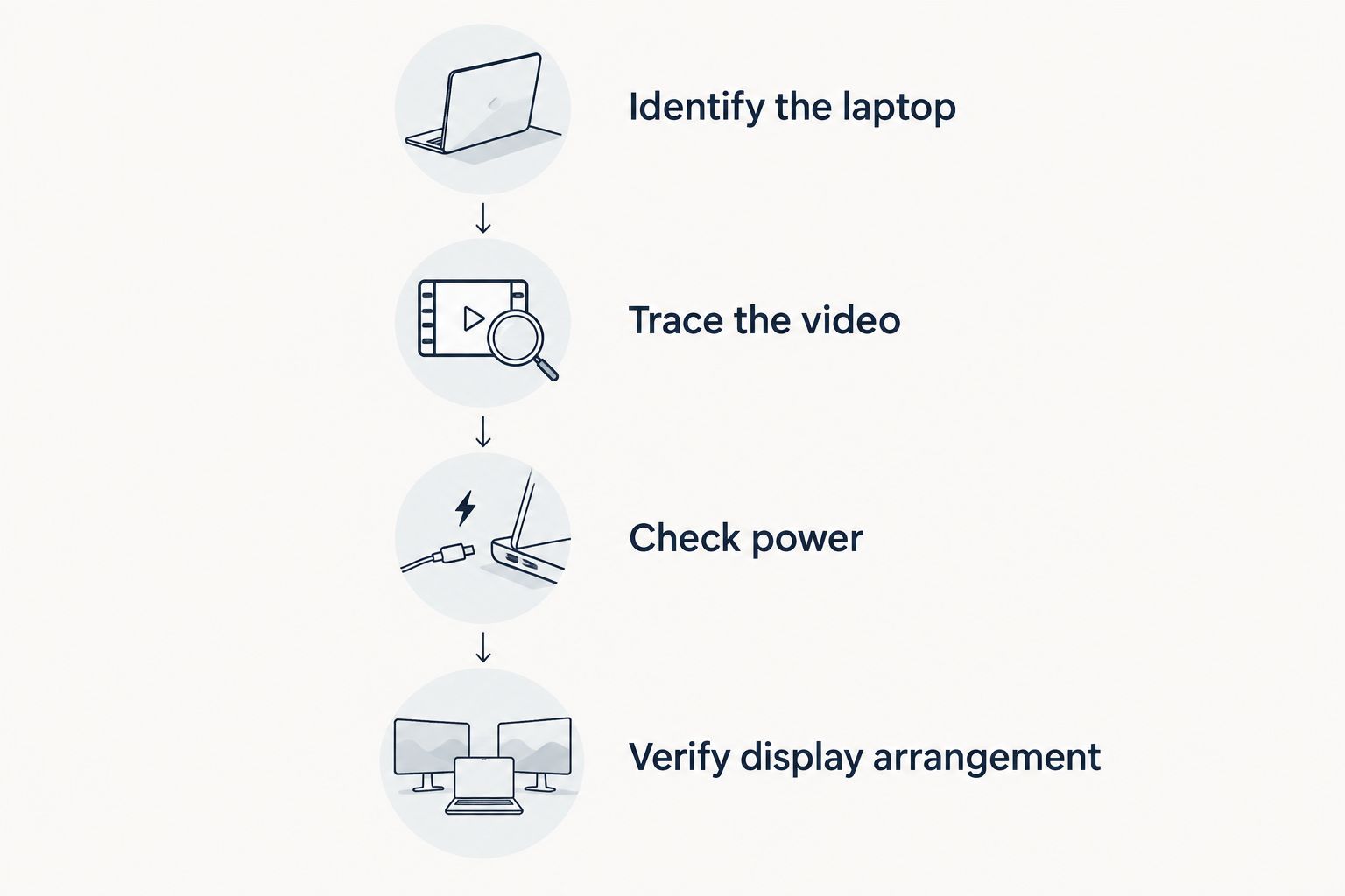 Four checks covering the laptop, video connection, power, and display arrangement