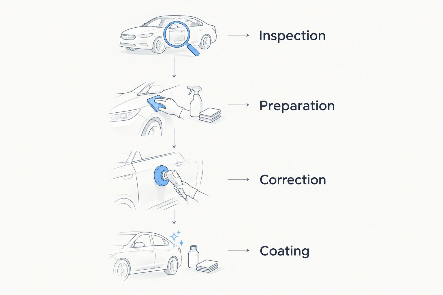 Four stages of a proposed correction-and-coating service: inspection, preparation, correction, and coating.