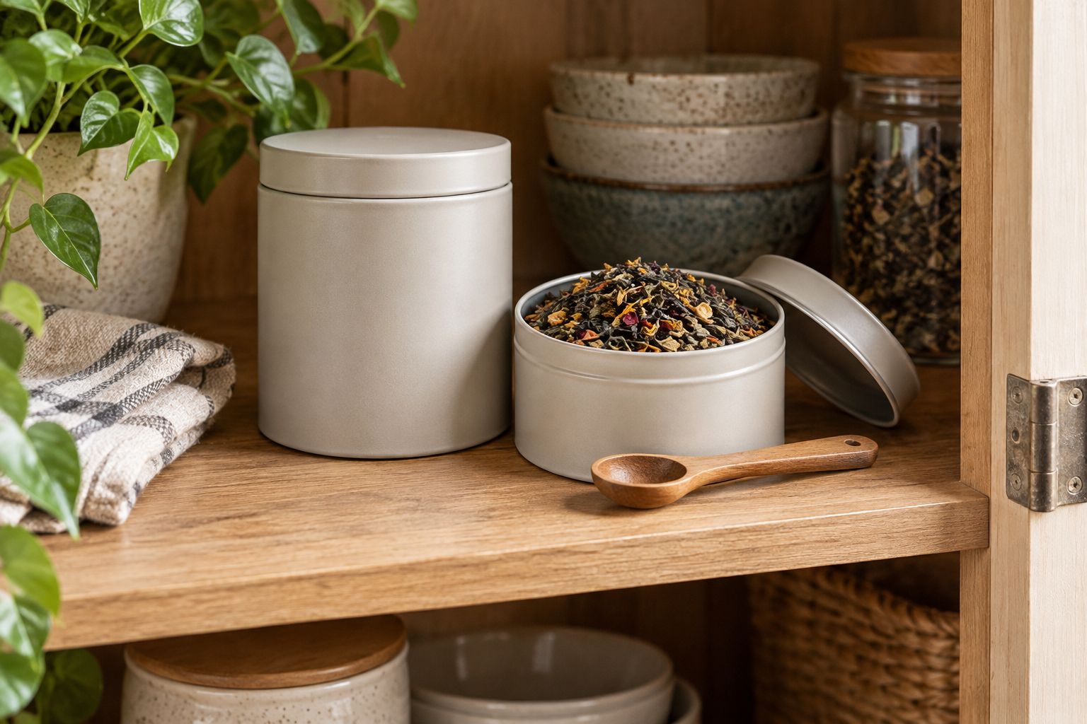 Opaque tea containers and a dry teaspoon in a kitchen cupboard