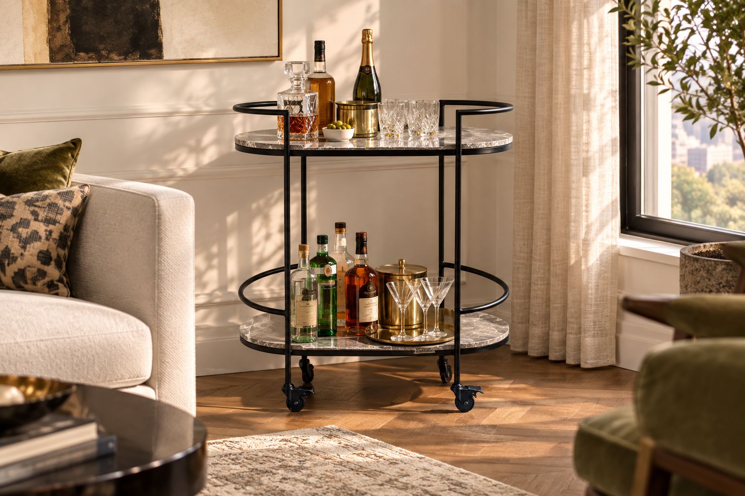 Grey marble bar cart with black iron frame styled in a living room corner