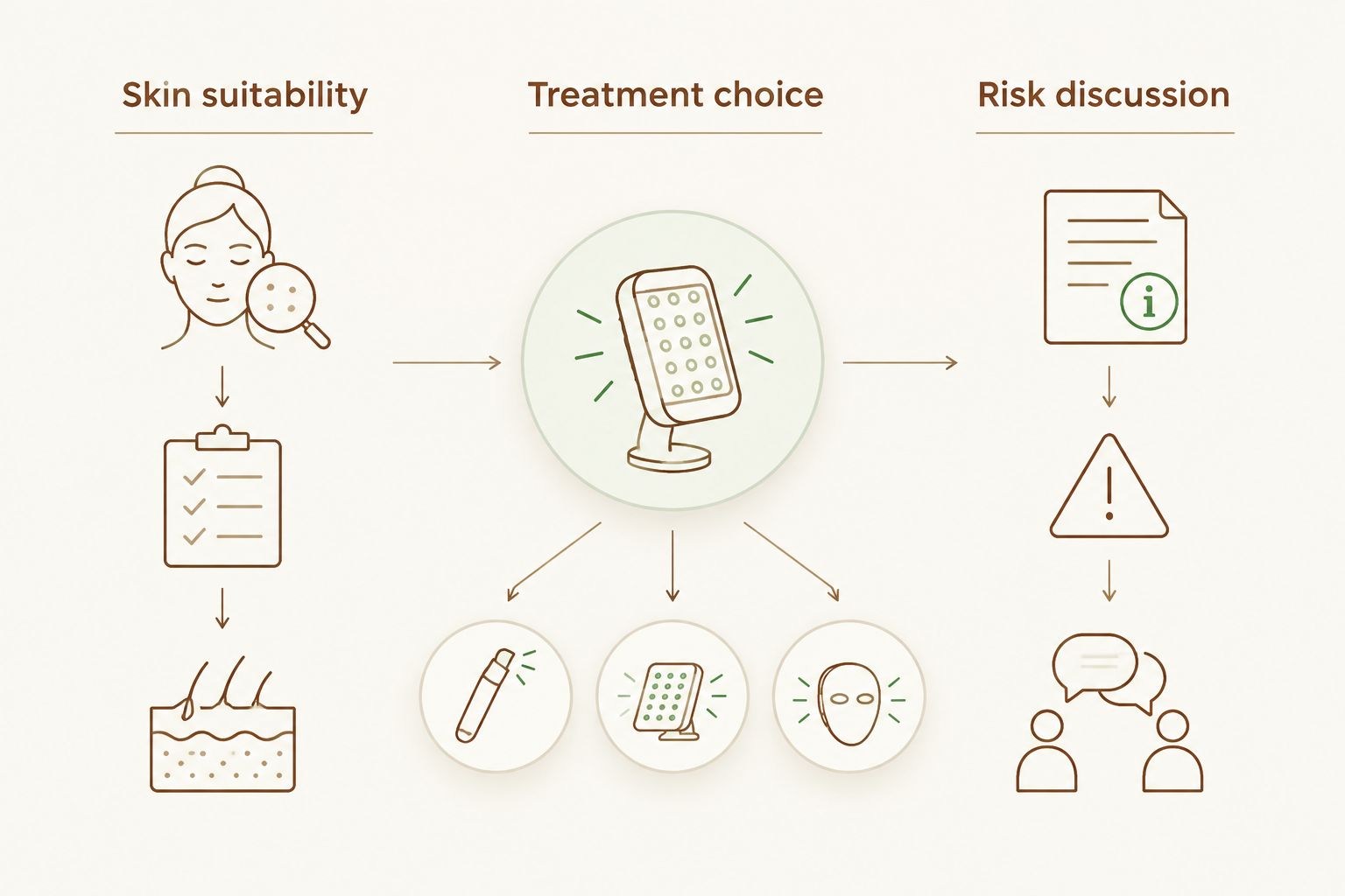 Three consultation topics: skin suitability, treatment choice and risk discussion.