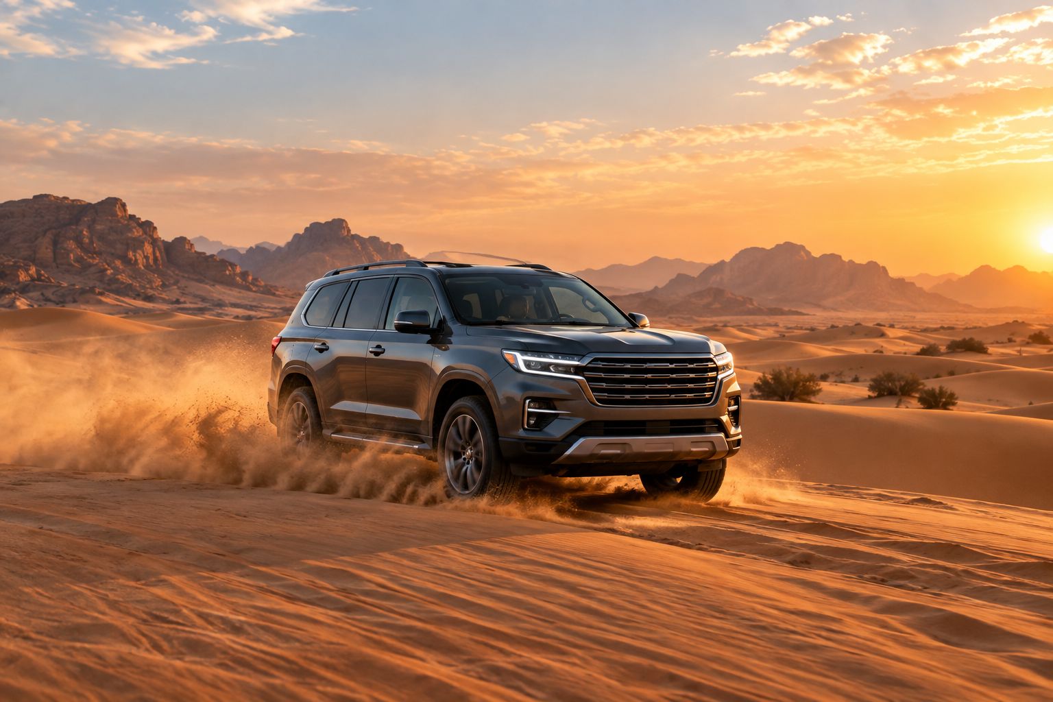 Full-size SUV driving across desert dunes at sunset