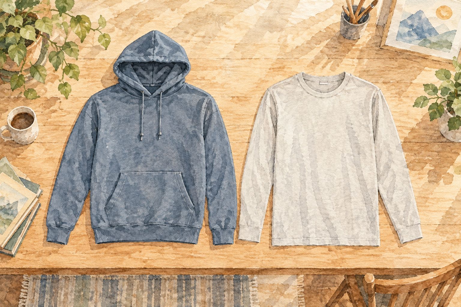 A hooded sweatshirt and long sleeve T-shirt laid flat with their sleeves extended