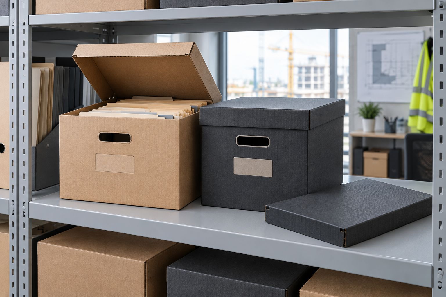 Corrugated file boxes showing an attached lid and a removable separate lid