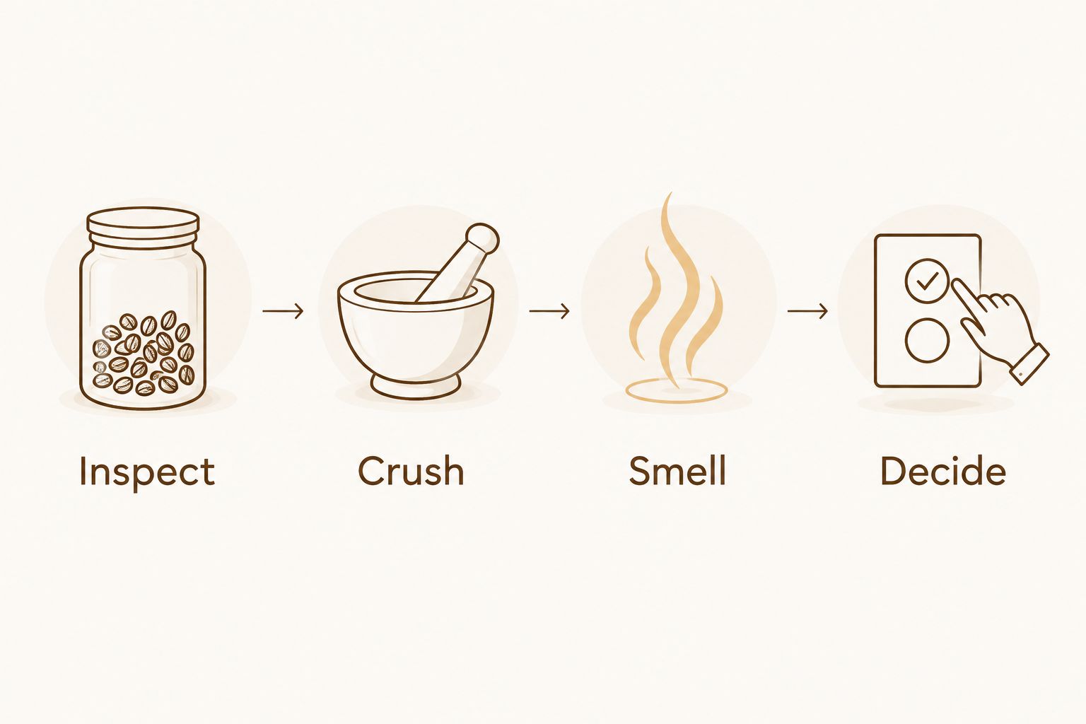 Four steps for checking fennel seeds: inspect, crush, smell, and decide.