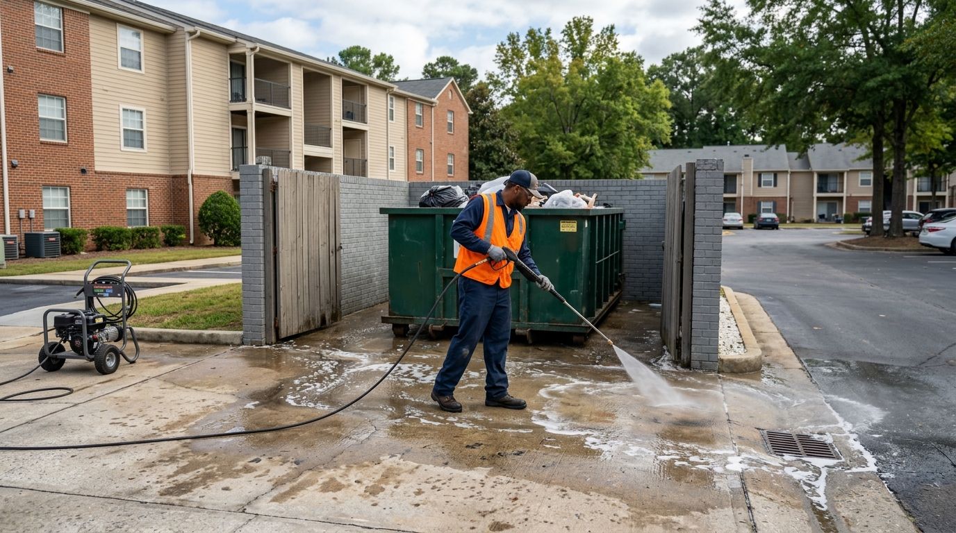 How to clean a shared dumpster pad in an apartment complex