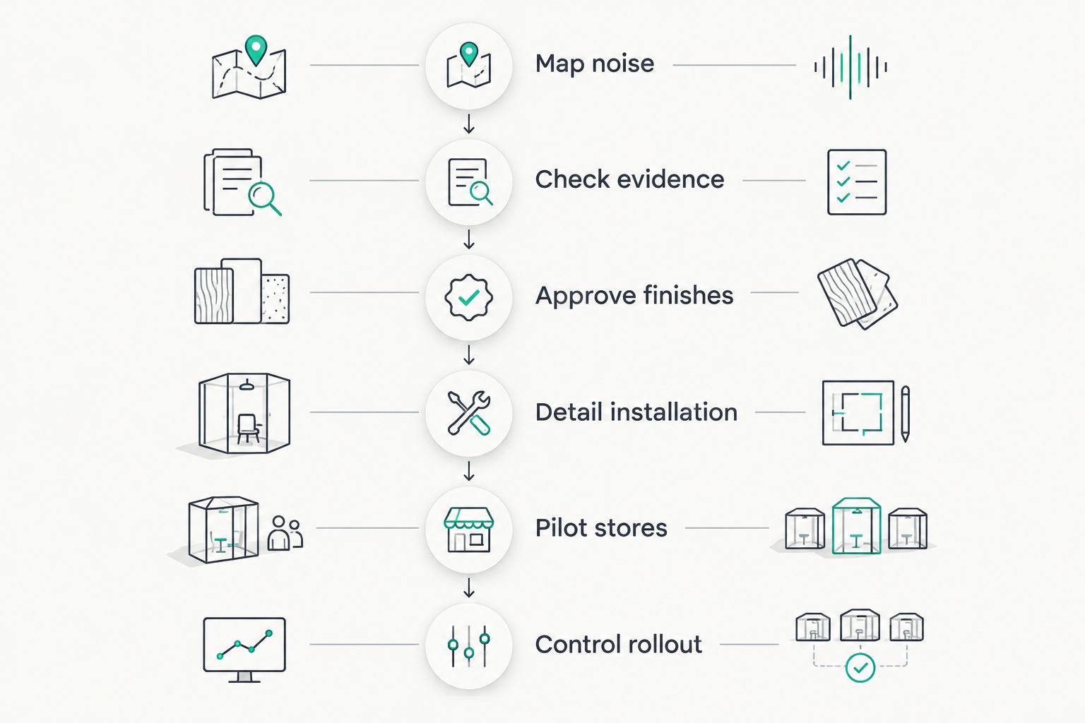 Six-stage retail acoustic specification process from noise mapping to rollout control