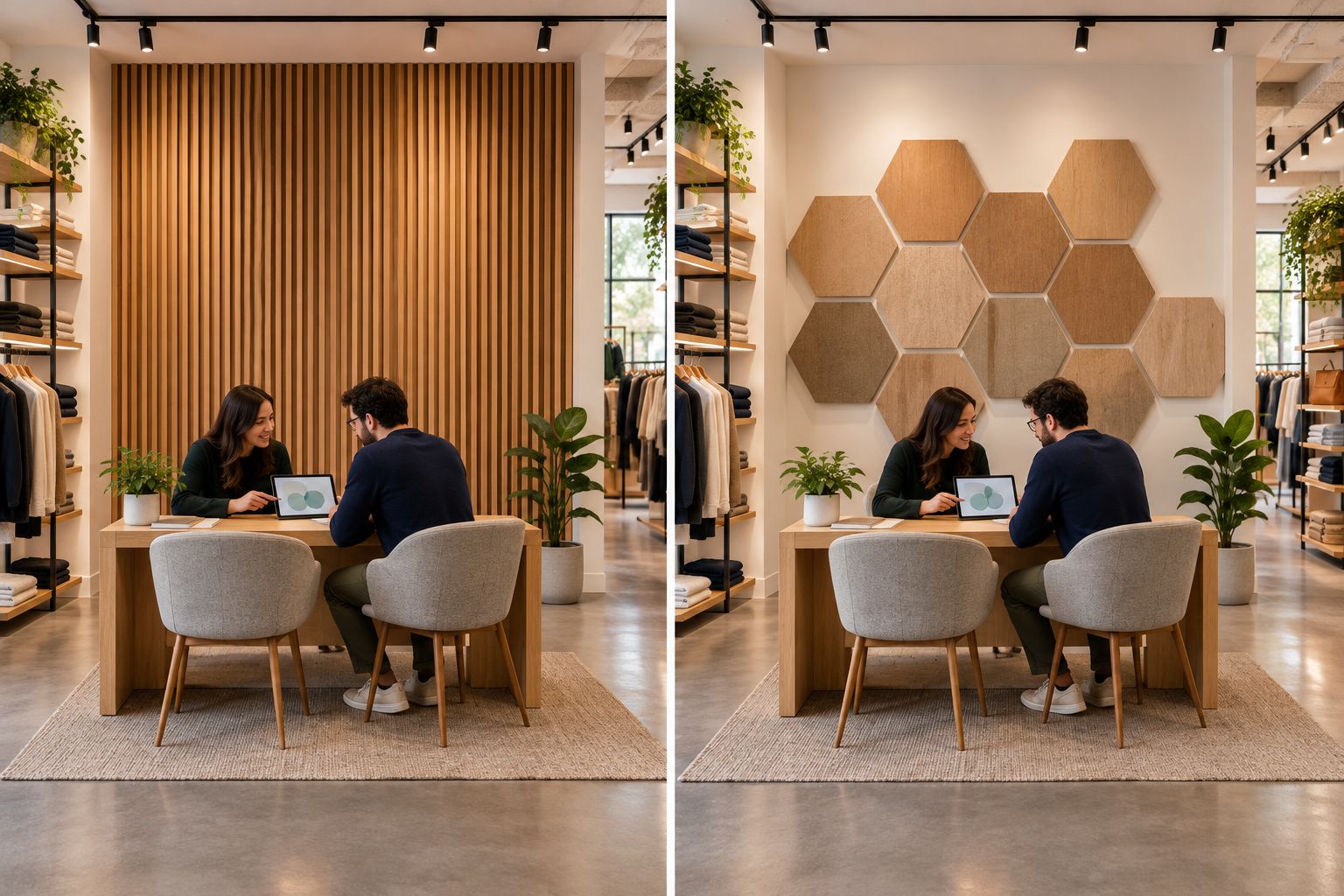 Retail consultation walls comparing continuous wood slats with grouped wooden hexagons