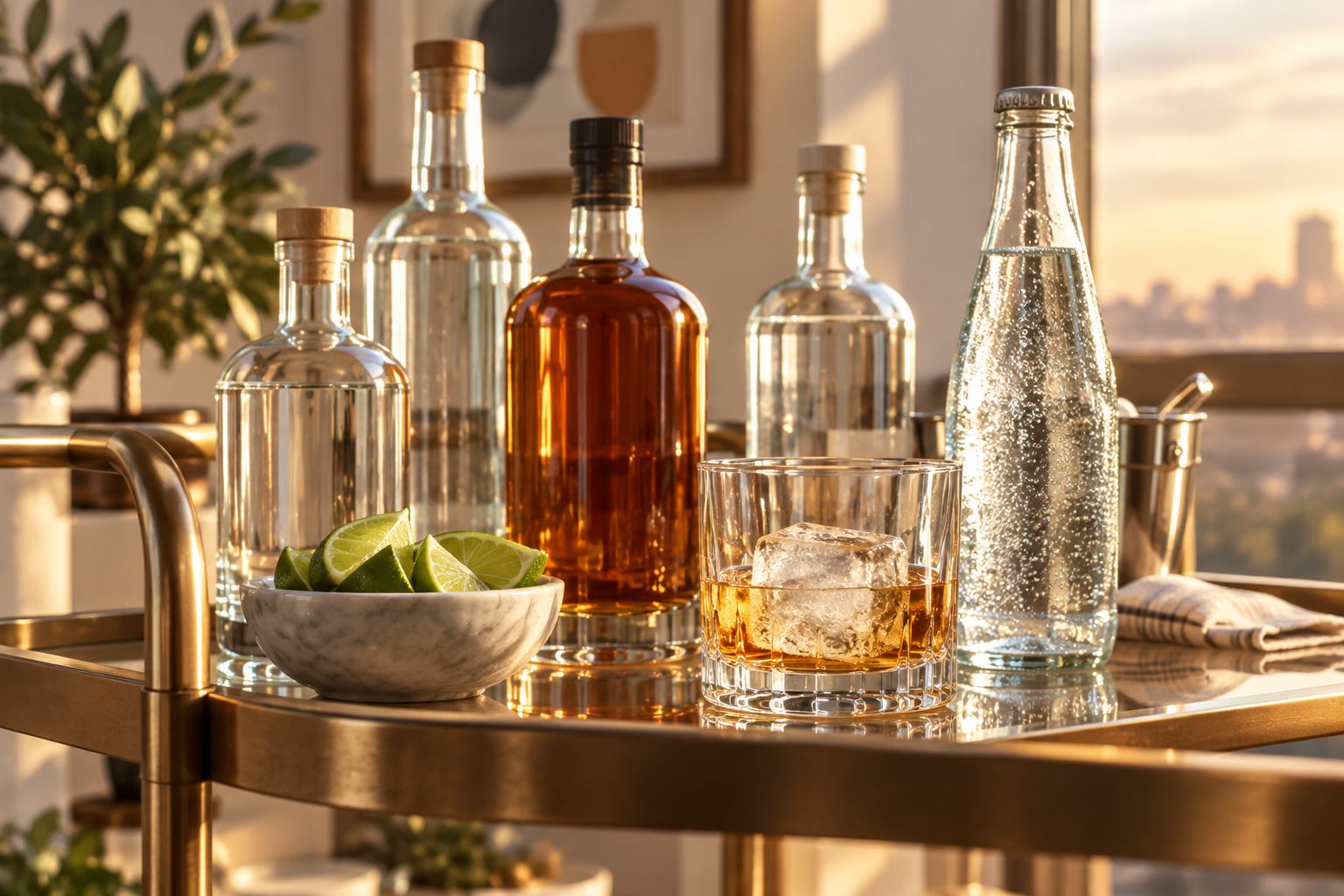 Home bar cart set up with spirits, lime, and sparkling water for a low-carb cocktail