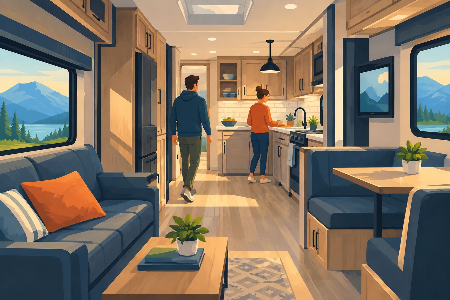 Rear-kitchen fifth-wheel layout showing counter use and walking space