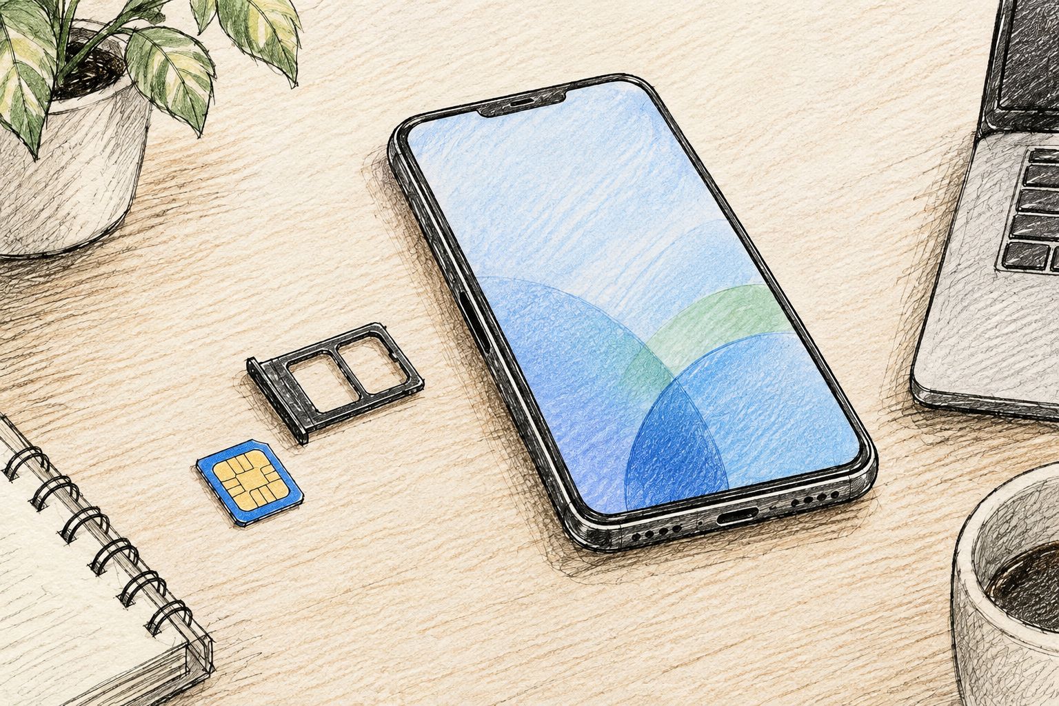 A removable SIM-format card beside a smartphone and its physical SIM tray