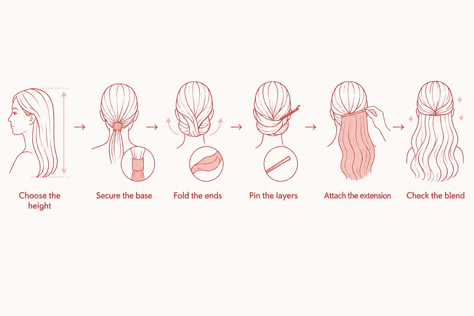 Six steps for tucking short layers beneath a ponytail extension