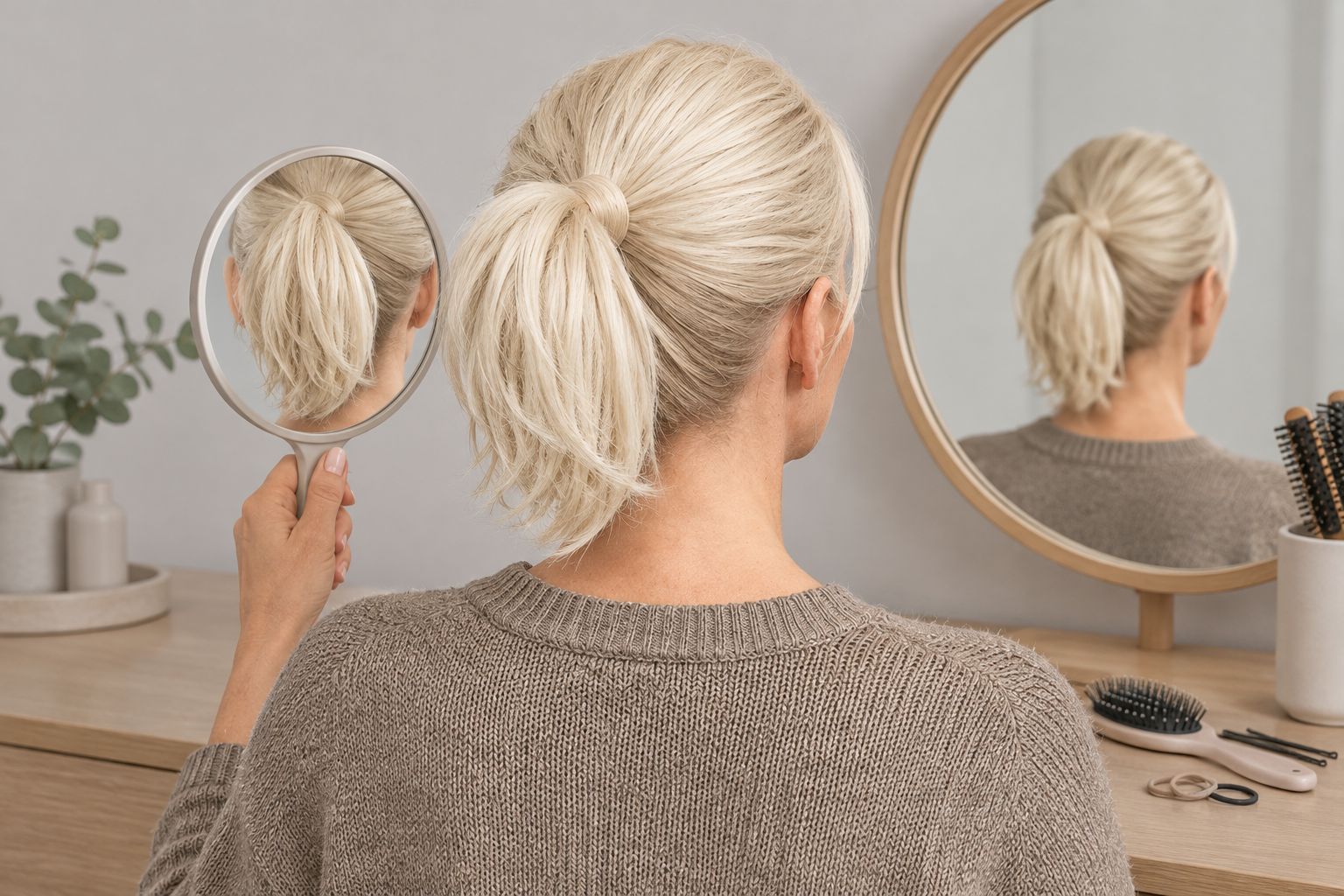 Woman using two mirrors to check the nape and base of a short ponytail