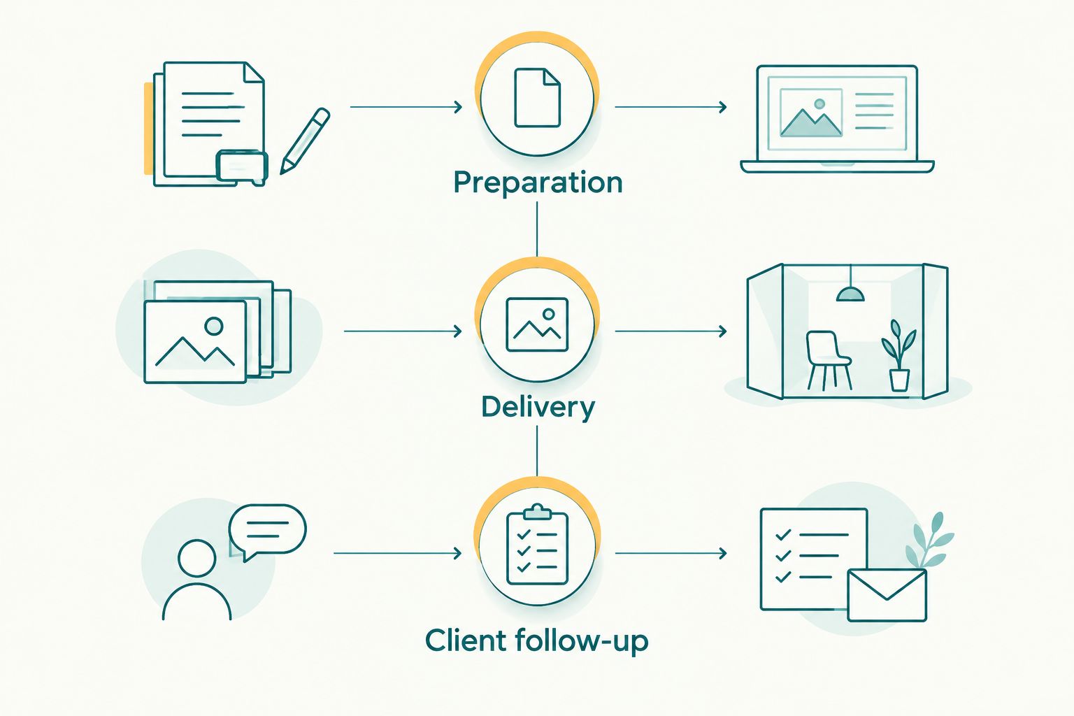 Three evaluation phases: preparation, delivery and client follow-up