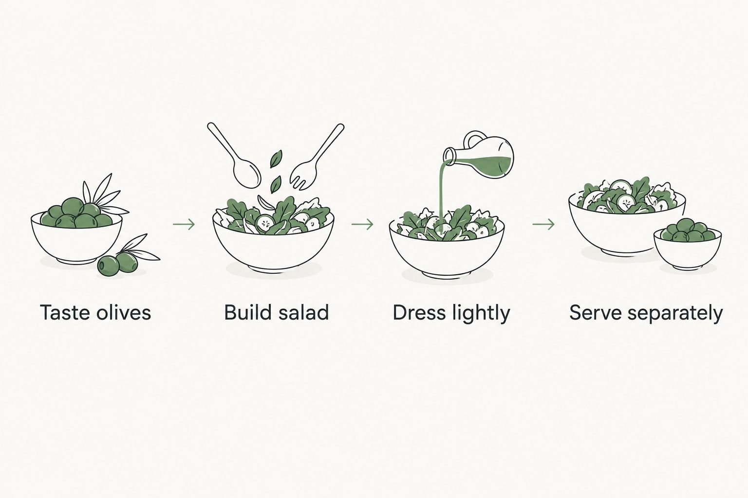 A serving sequence from tasting olives to building salad, dressing lightly and serving mezze separately