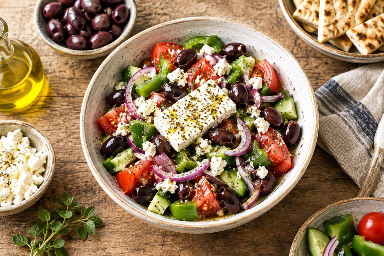 Greek village salad with chunky vegetables, dark olives and feta in a broad bowl