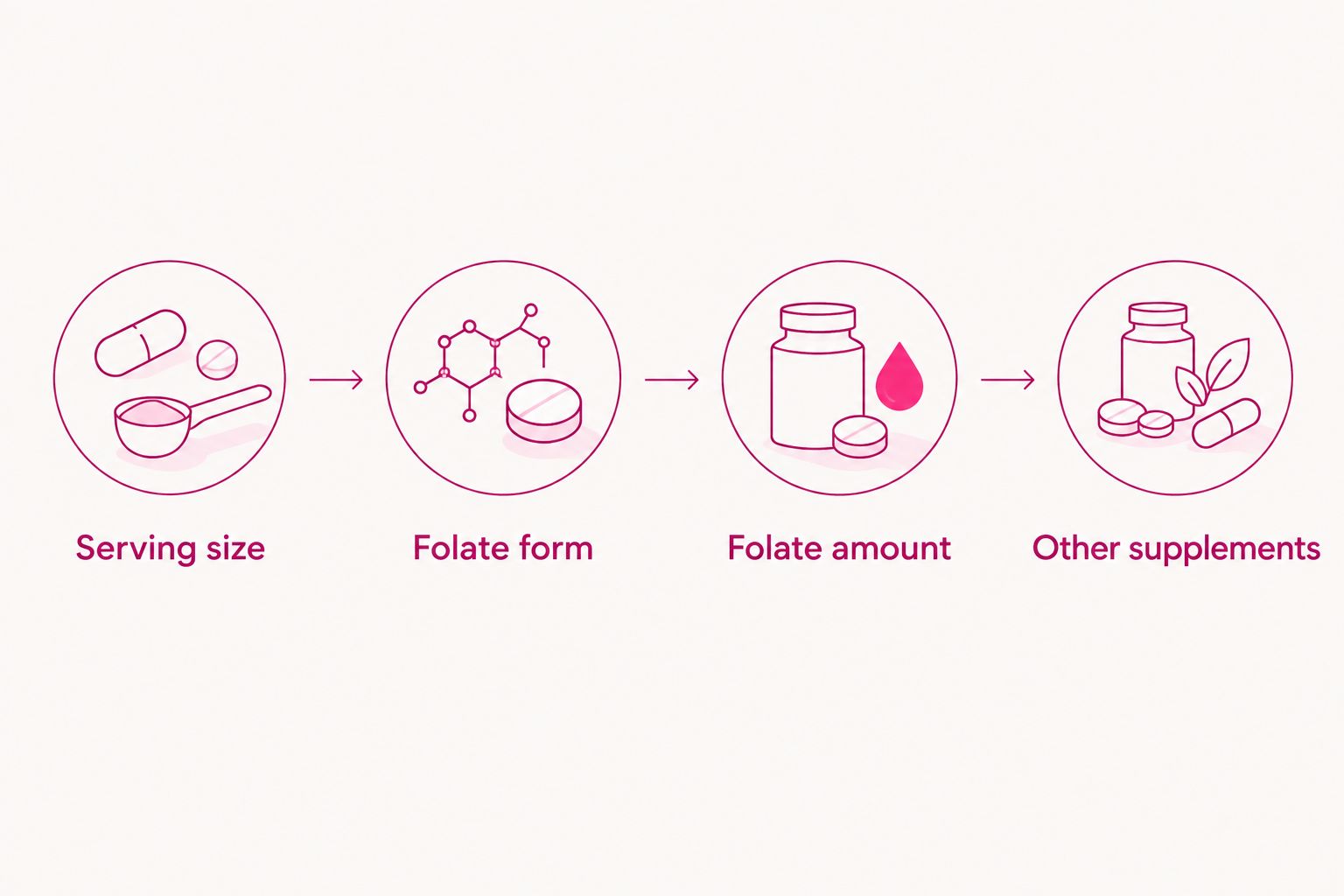 Four label-review steps: serving size, folate form, folate amount, and other supplements.
