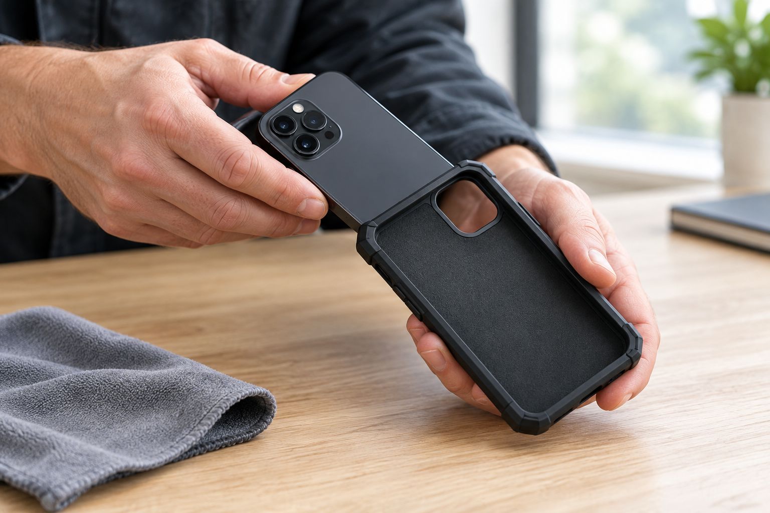 Een telefoon wordt op een schone tafel voorzichtig in een passend beschermhoesje geplaatst