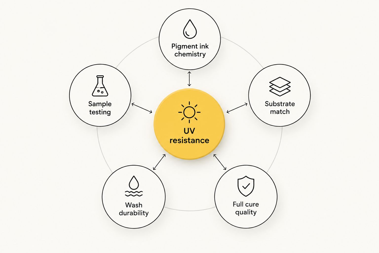 Diagram of five factors feeding into outdoor DTF transfer UV resistance