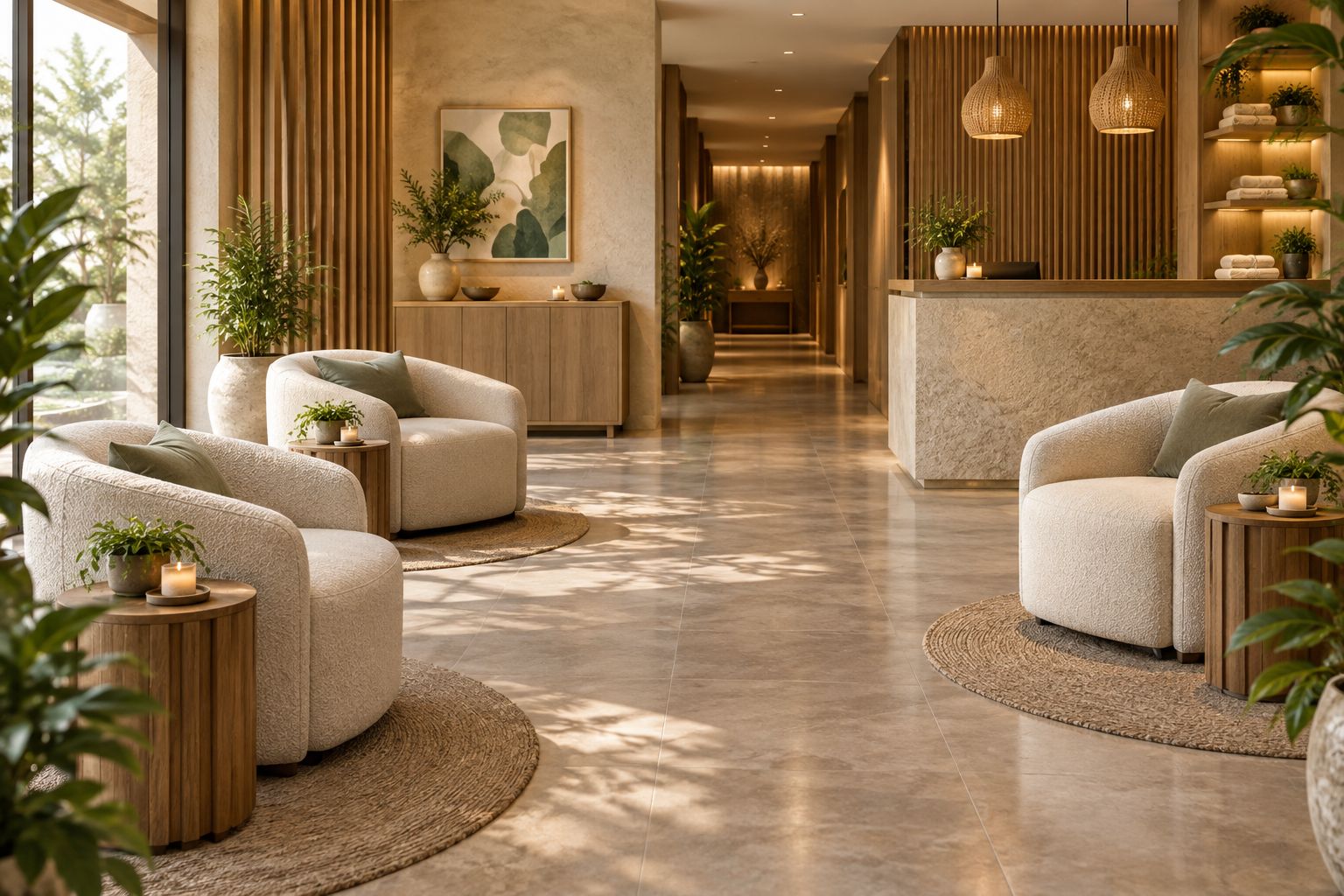 Spa reception with separate armchairs, side tables, and a clear walkway