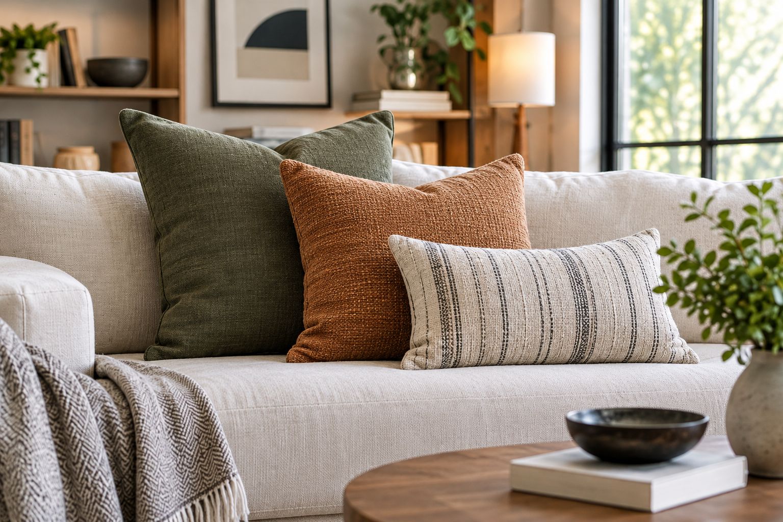 Sofa styled with a layered set of three decorative pillows