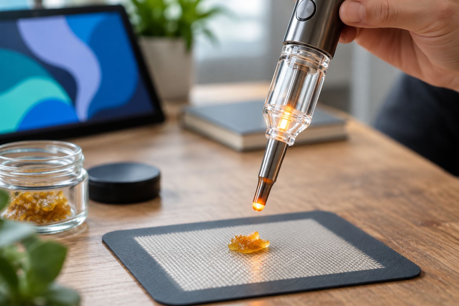 Nectar collector tip heating above a dab of concentrate on a silicone mat