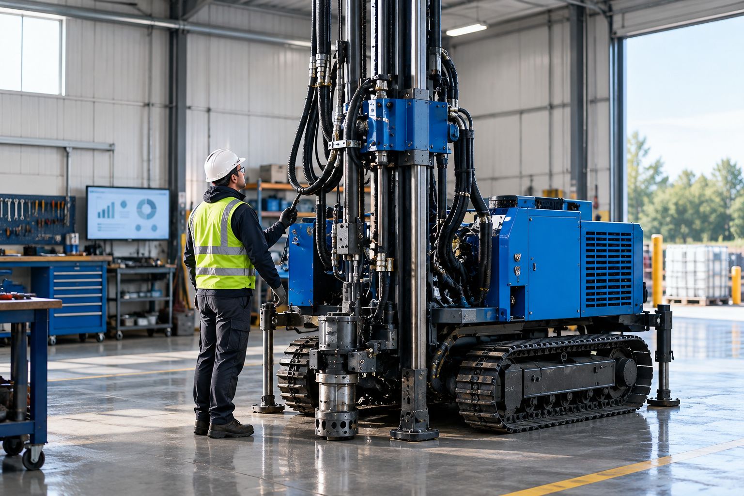 Technician visually inspecting hydraulic hoses on a secured drilling rig