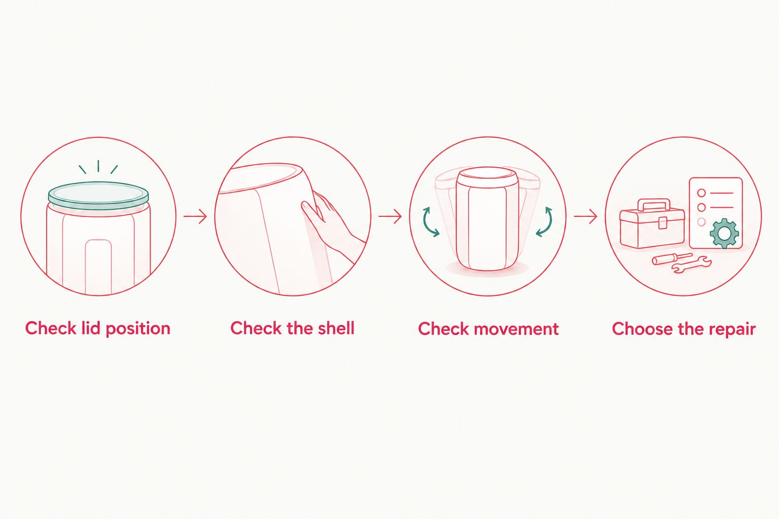 Checks for lid position, shell damage and hinge movement before choosing a repair