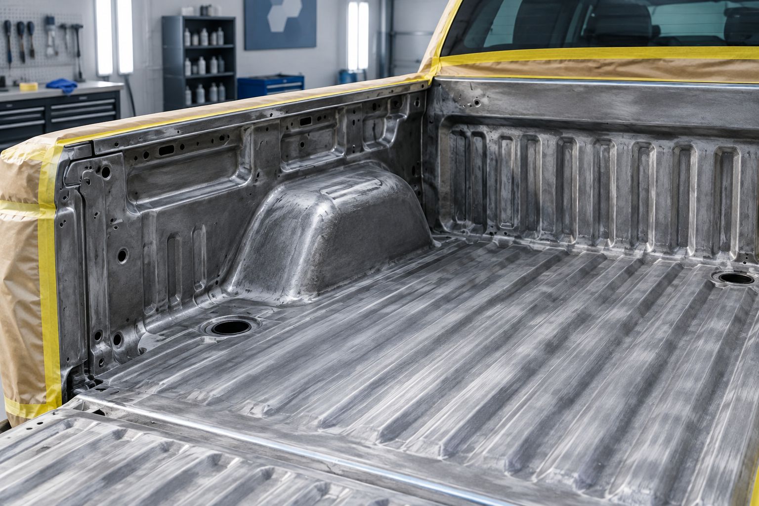 Pickup truck bed prepared for coating with surrounding panels masked and drainage openings accessible