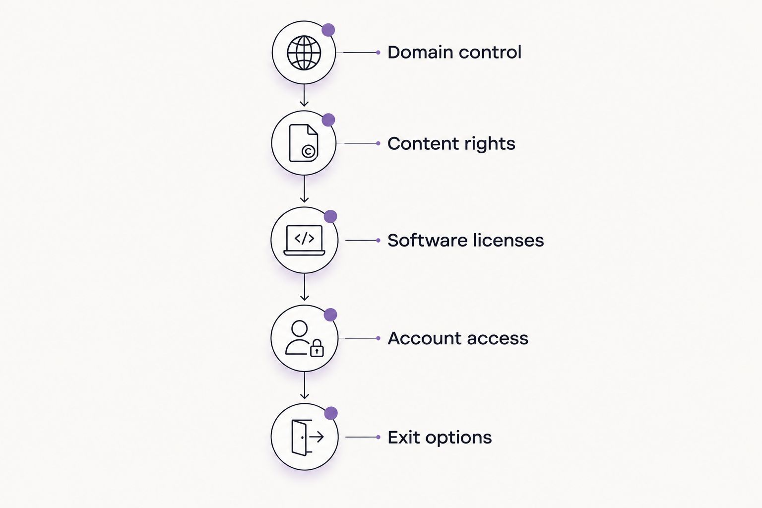 Website ownership checklist covering domain, content, software, accounts, and exit options