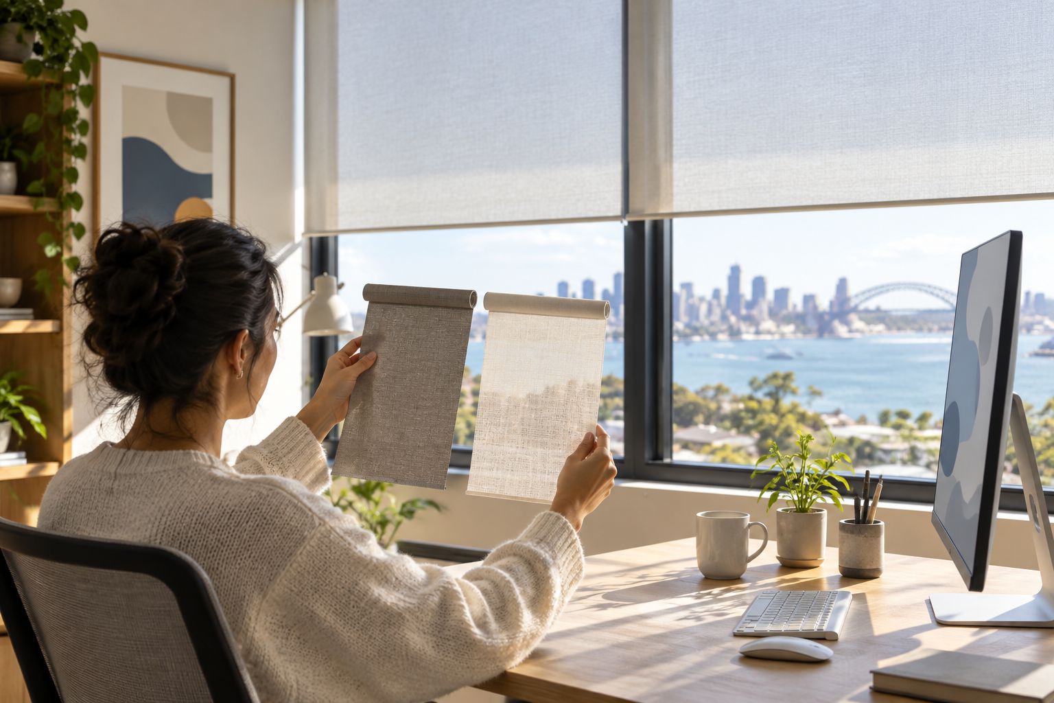 Fabric samples held against a home-office window beside a desk