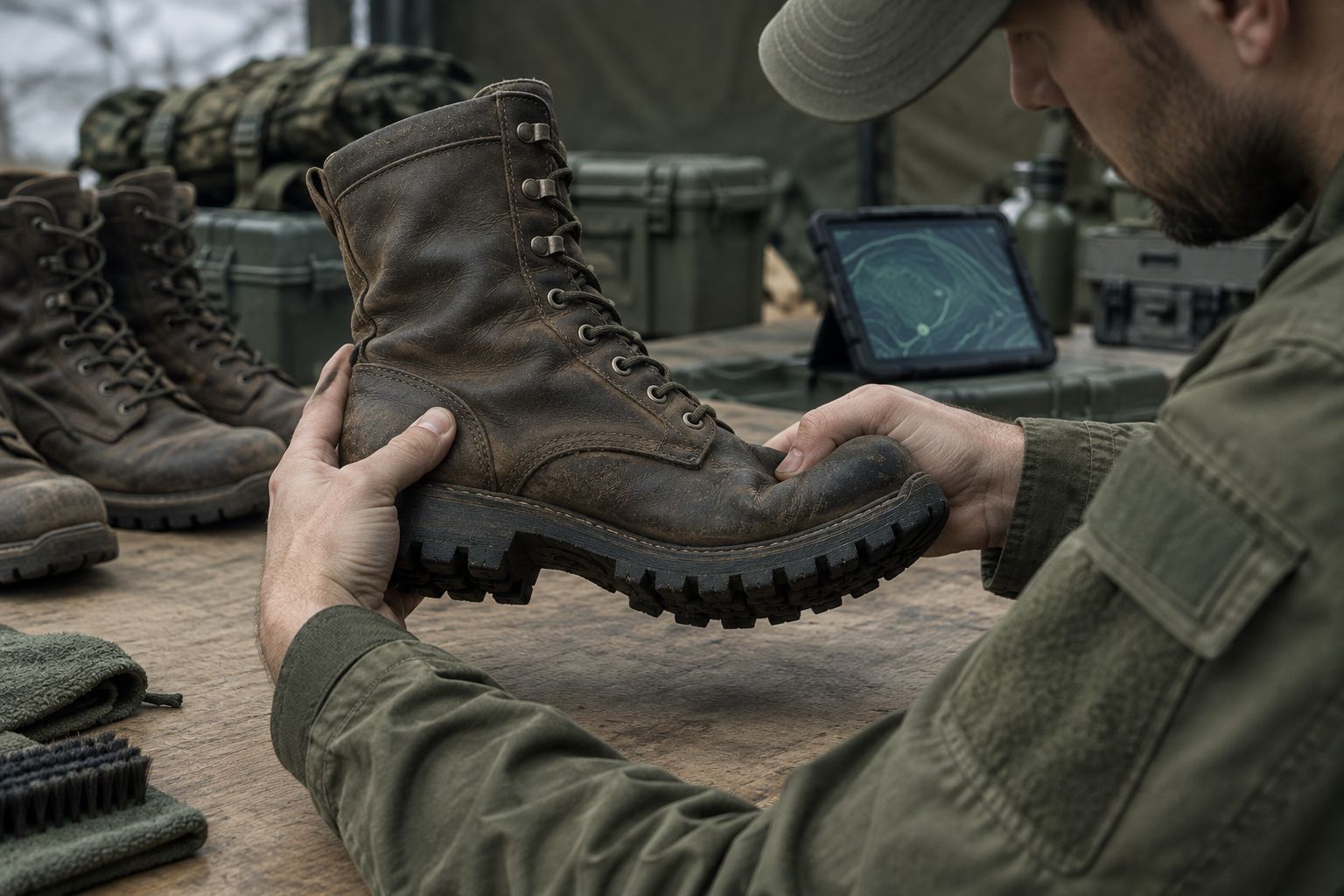 Inspection of a used field boot’s tread, stitching and sole junction