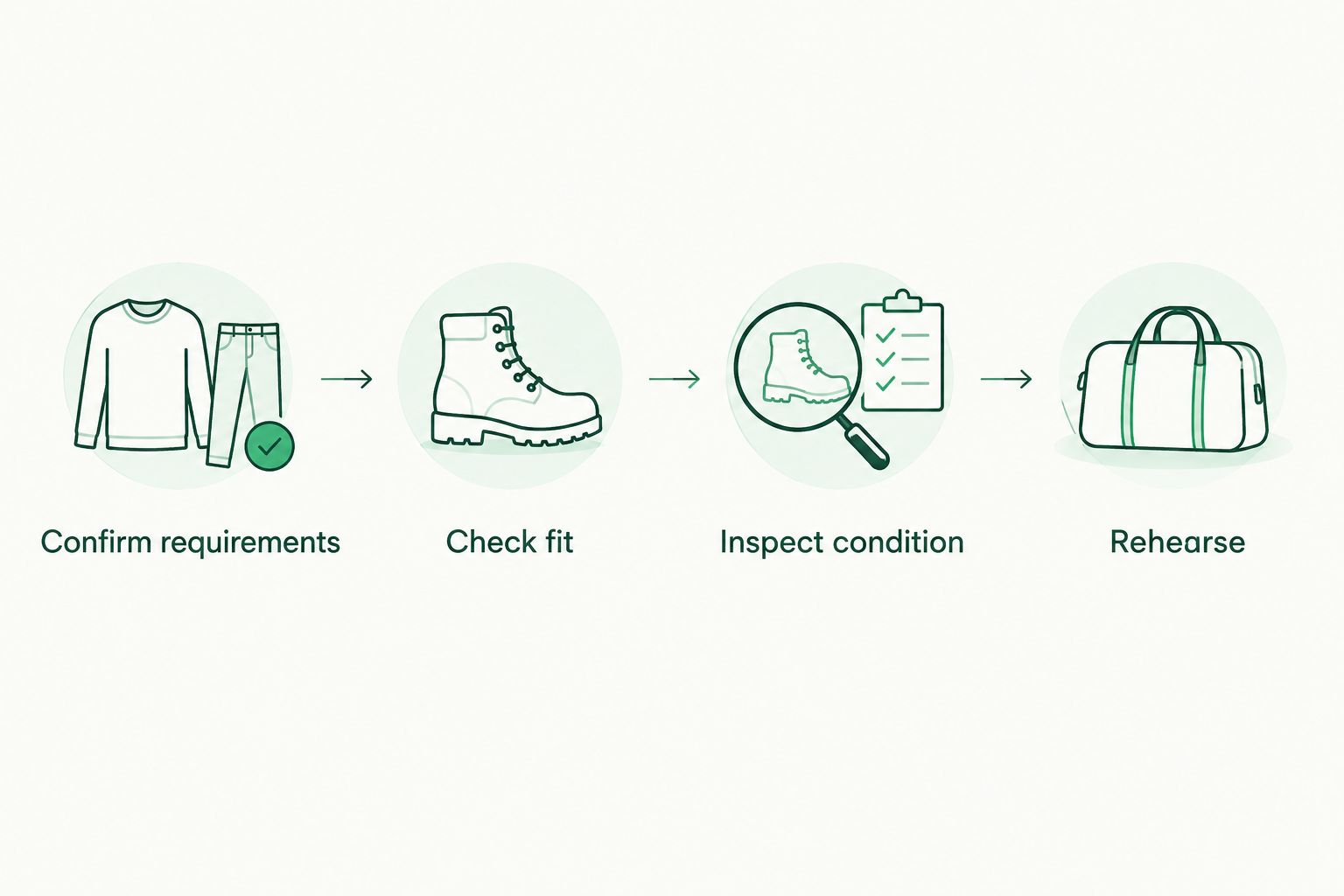 Four kit checks: confirm requirements, check fit, inspect condition and rehearse