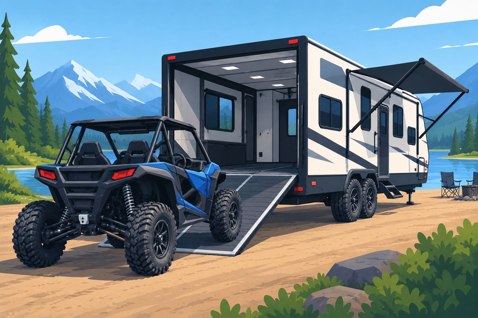 Side-by-side aligned with a toy hauler ramp so the opening and clearance are visible