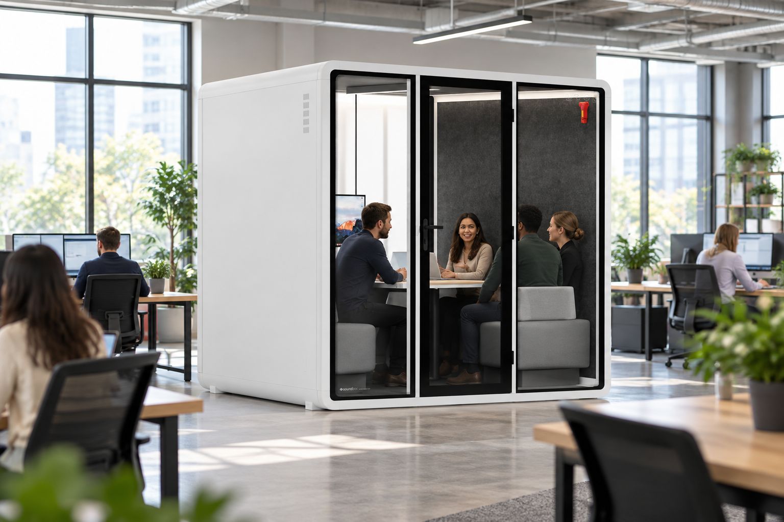 Six-person meeting pod in an open-plan office with a team inside