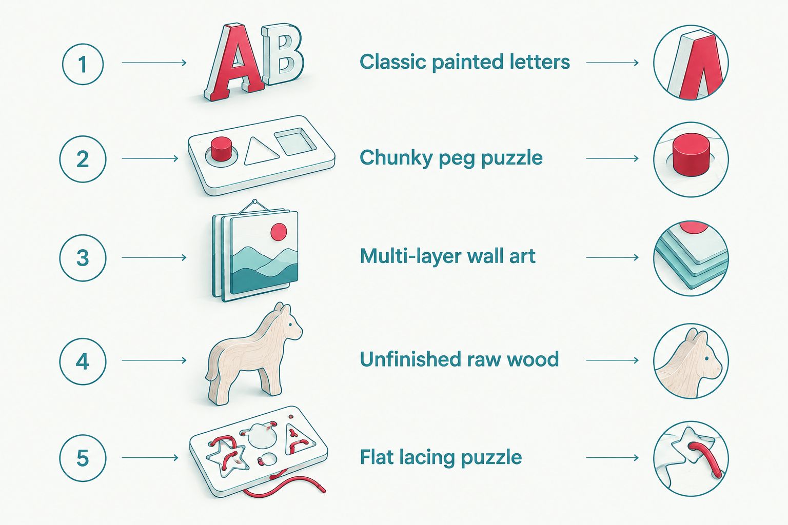 Five wooden name puzzle styles ranked in a vertical list