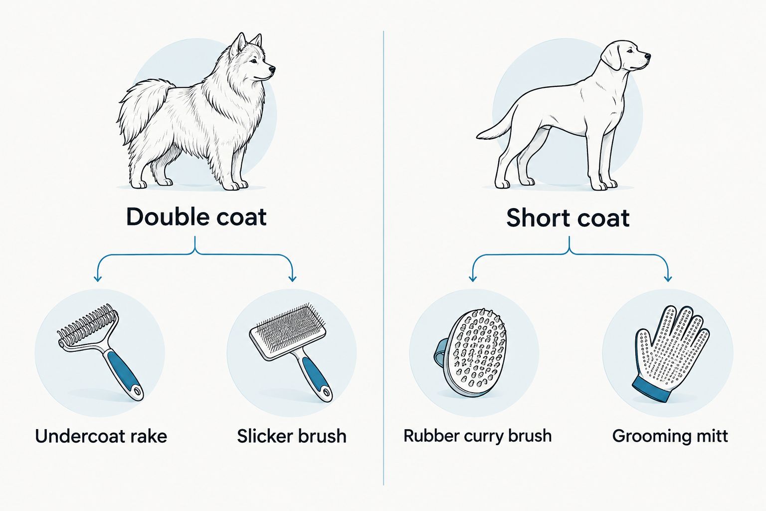 Two-column comparison matching grooming tools to double coats and short coats
