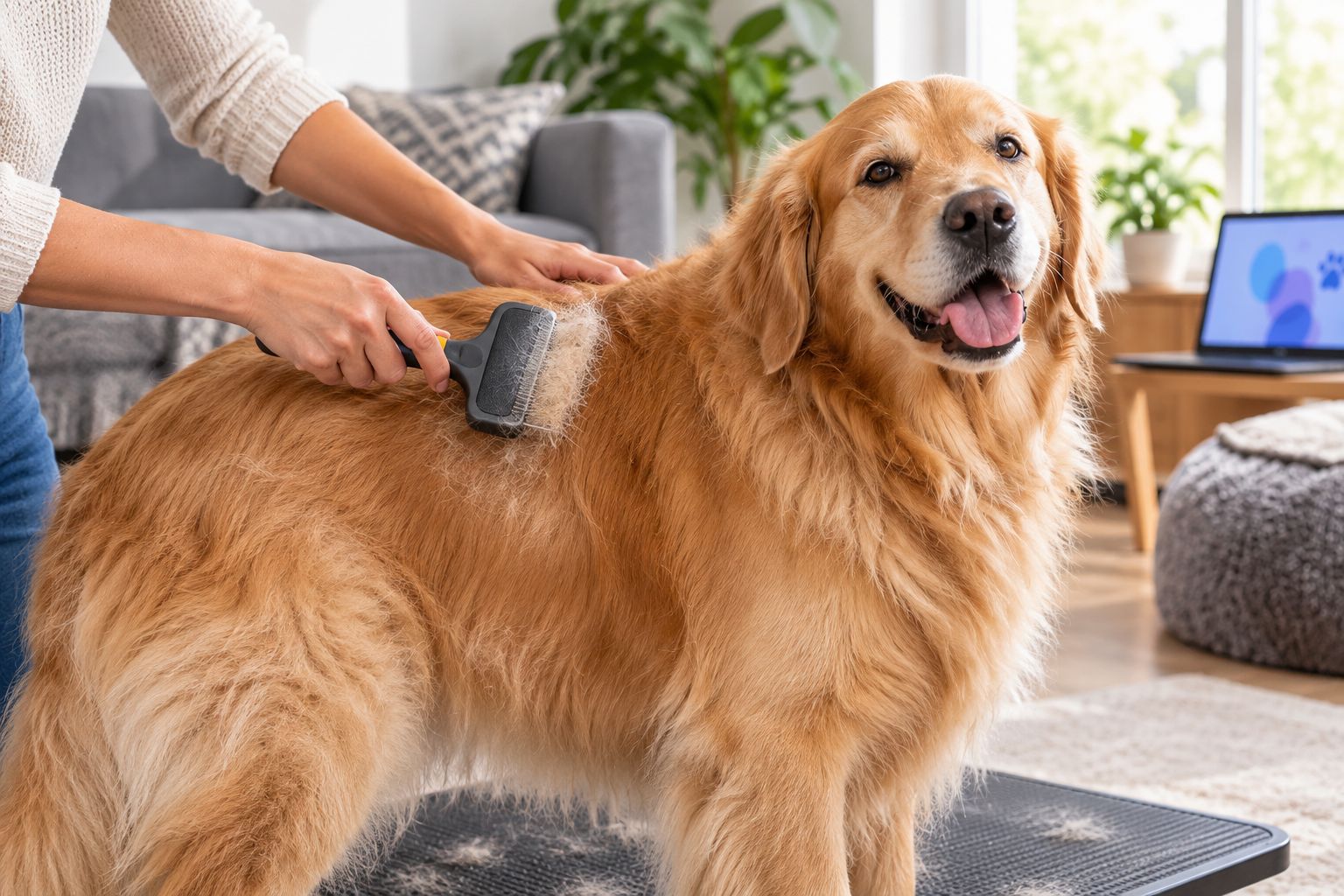Hands brushing a golden retriever's back with a slicker brush during a grooming session