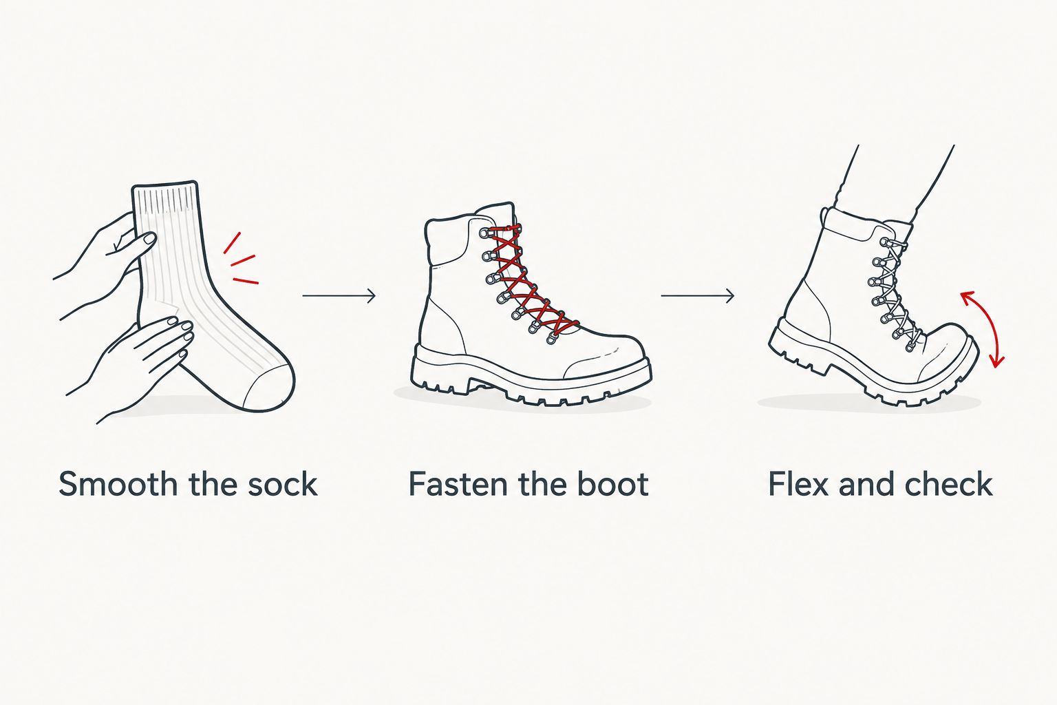 Three ski sock fit checks: smooth the sock, fasten the boot, then flex and check