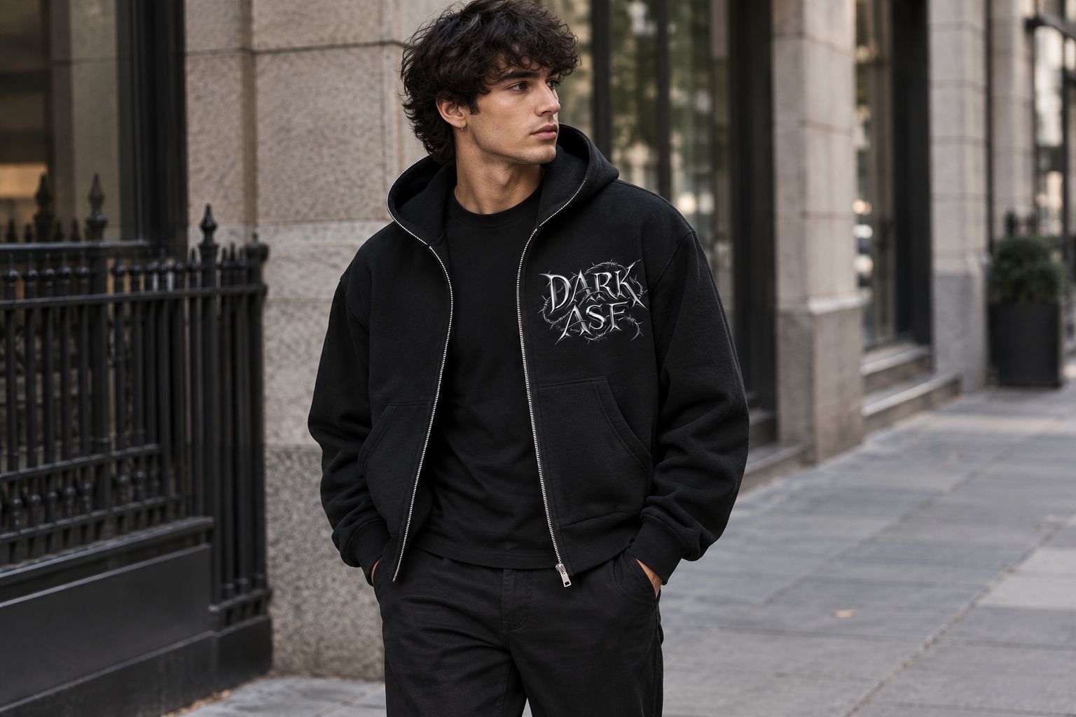 Boxy zip hoodie worn open over a dark shirt with dark trousers