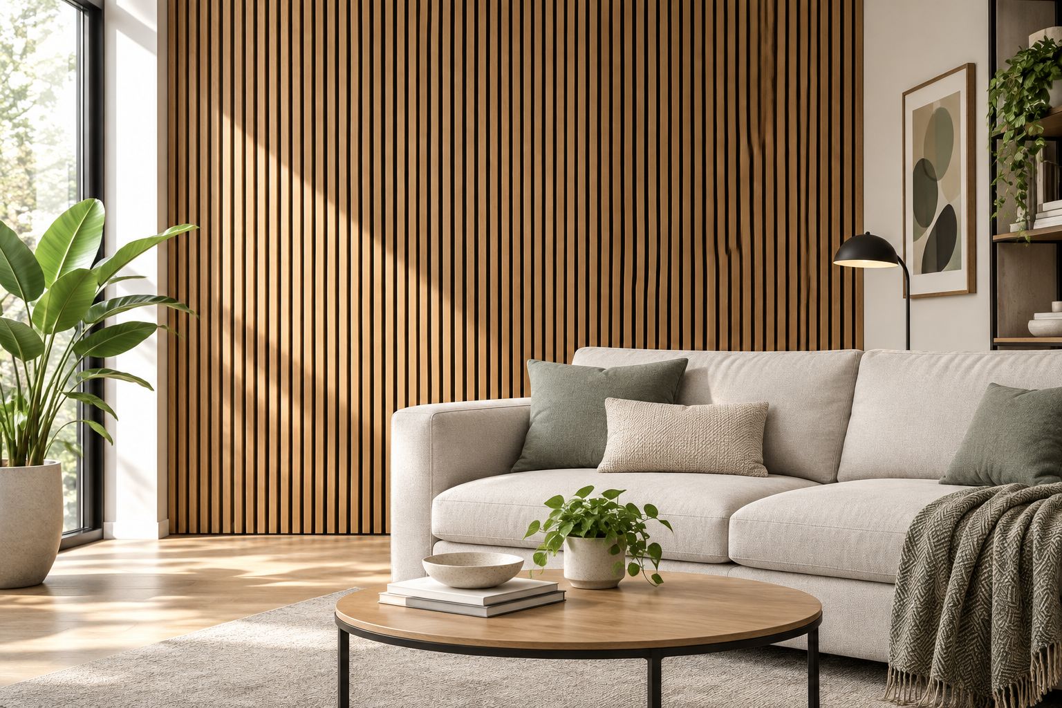 Acoustic slat wall panel installed behind a sofa in a living room