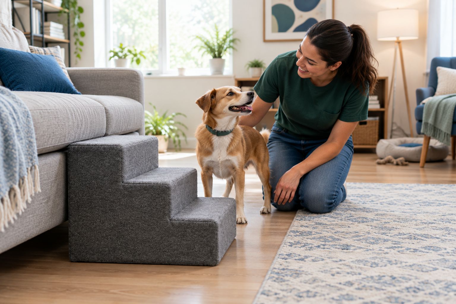 Pet stairs beside a sofa with a clear approach and an uncluttered landing