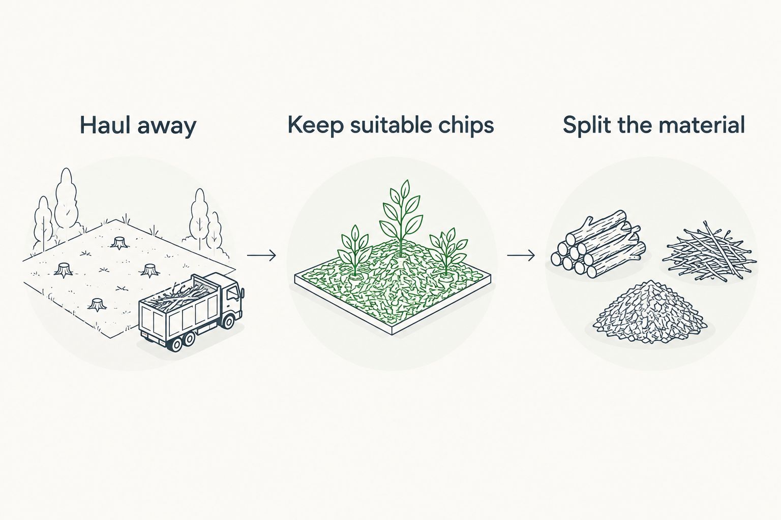 Three choices for tree debris: haul it away, keep suitable chips, or split the material