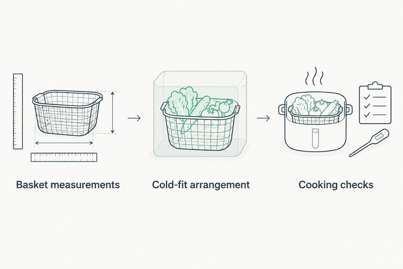 Three checks for fitting a liner: basket measurements, cold-fit arrangement and cooking checks.