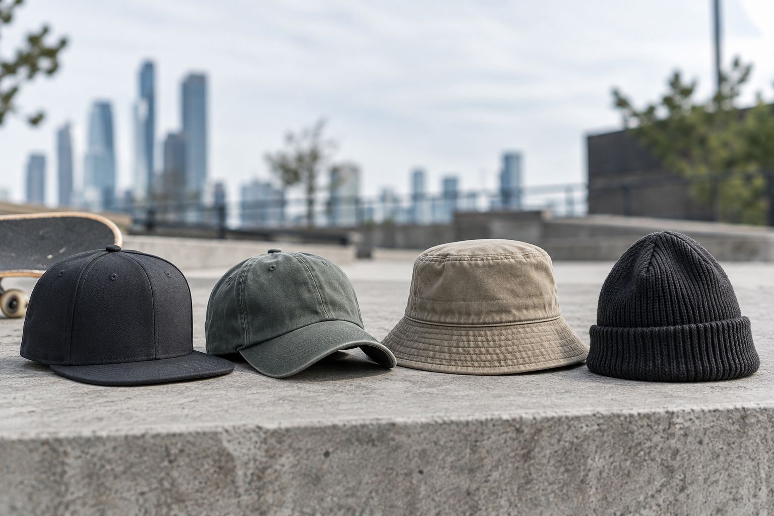 Unbranded hats showing structured, soft, surrounding-brim, and brimless shapes