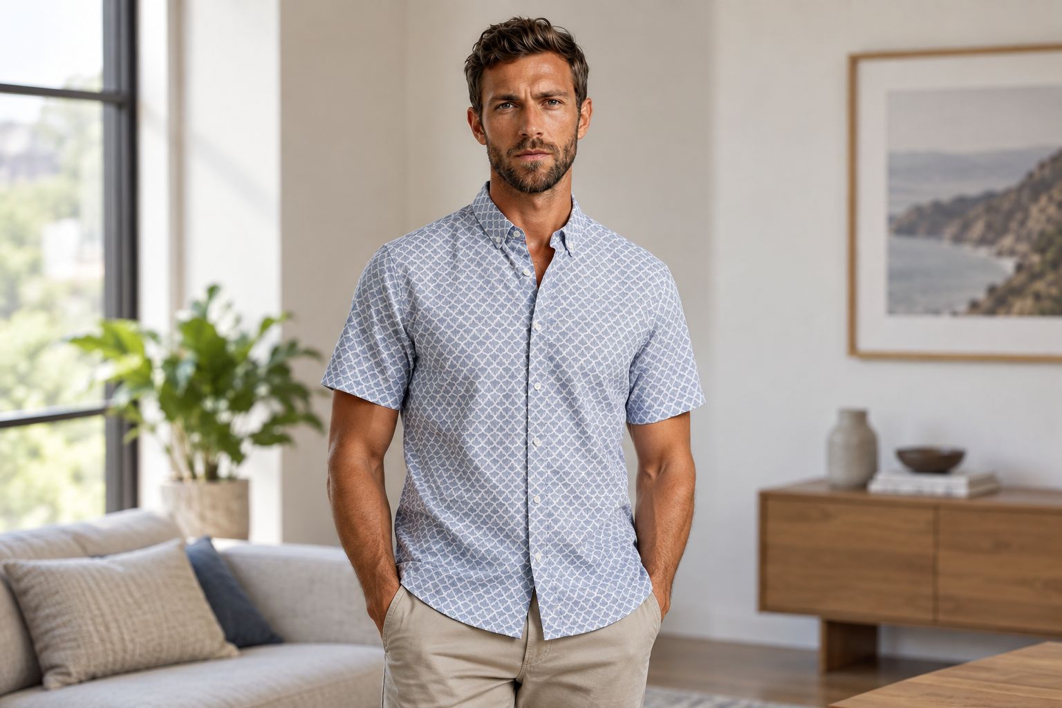 Printed short-sleeve shirt paired with plain trousers