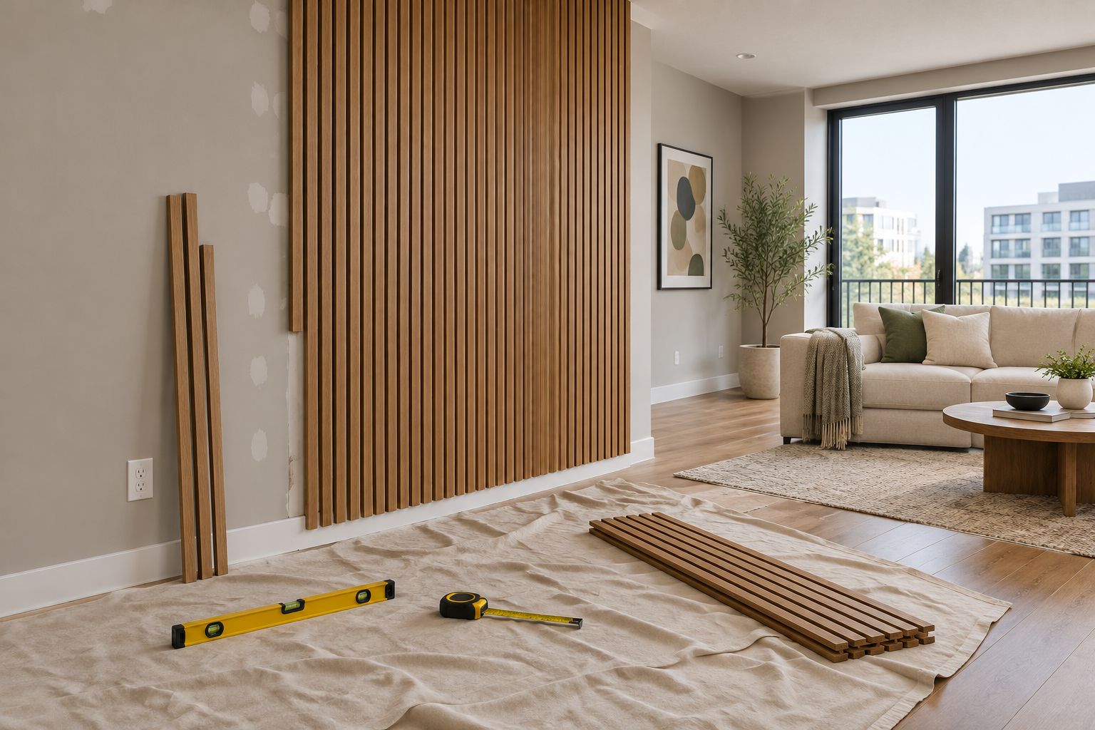 Trial installation of wood slat panels with visible edge detailing and an outlet