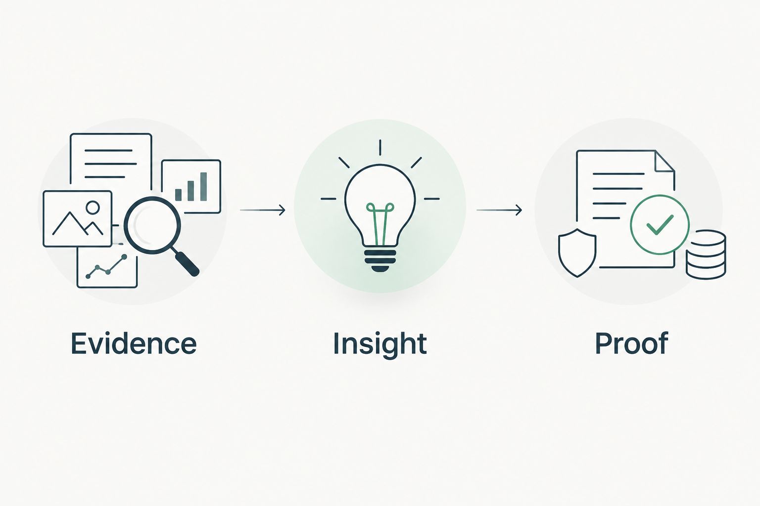 Three stages separating evidence, insight, and proof