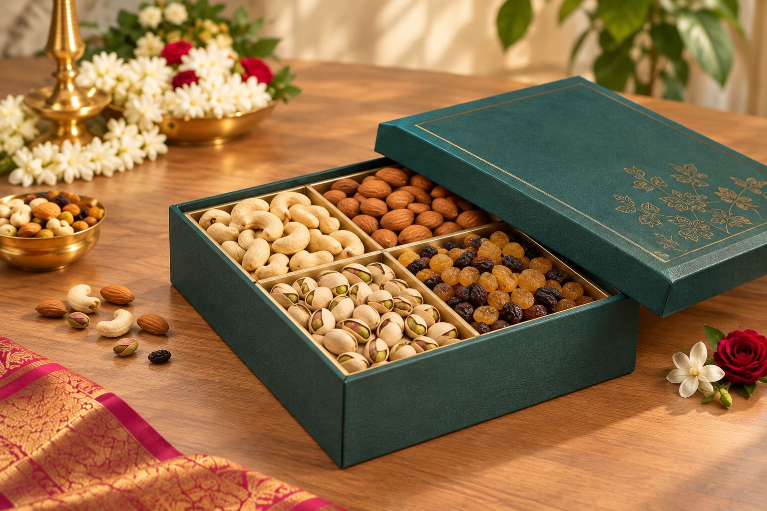 Open mixed dry fruit gift box with cashews almonds pistachios raisins